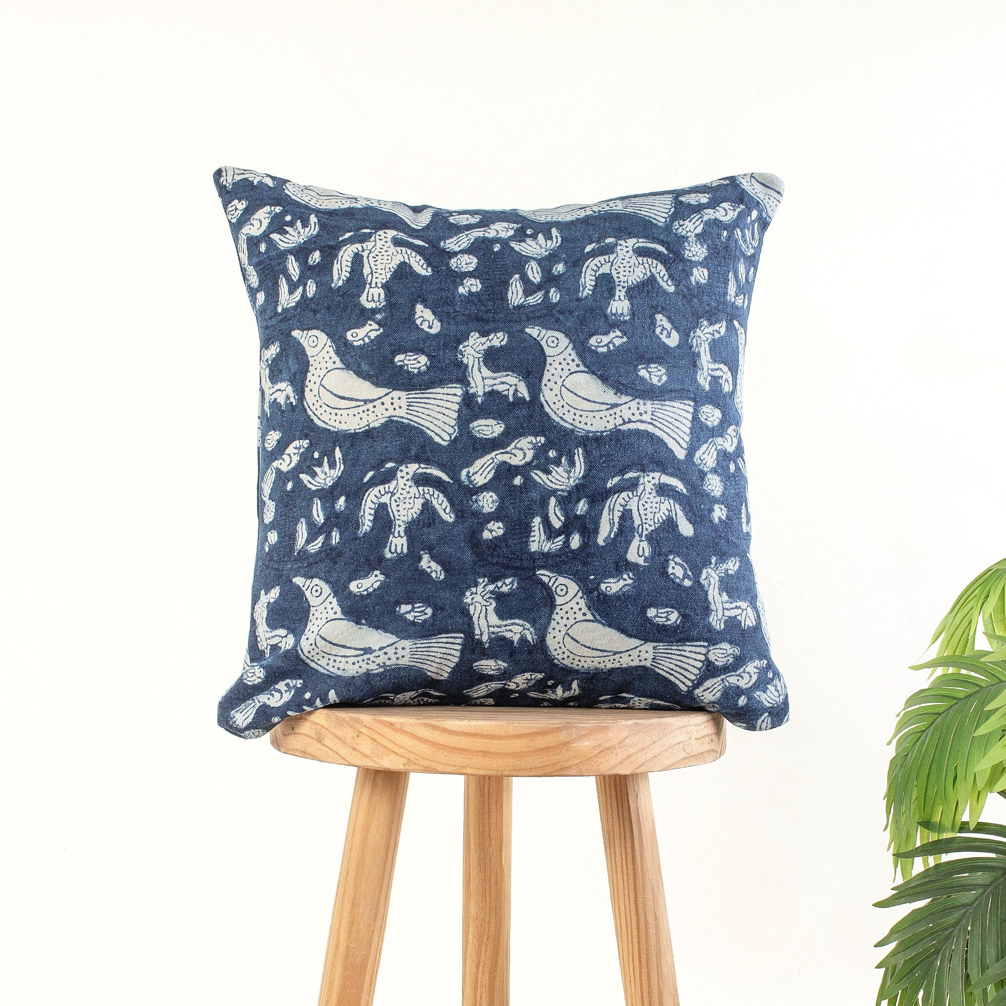 Hand Block Blue Bird Cotton Canvas Cushion Cover